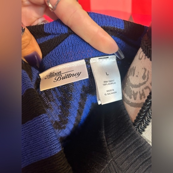 Allison Brittney Blue Black Chevron Asymmetrical Cardigan Wrap Sweater Kimono - Picture 5 of 6